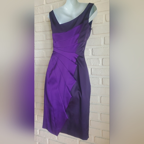 Karen Millen Satin Cocktail Dress Asymmetrical Ruffle Stretch Rich Purple - Picture 14 of 16